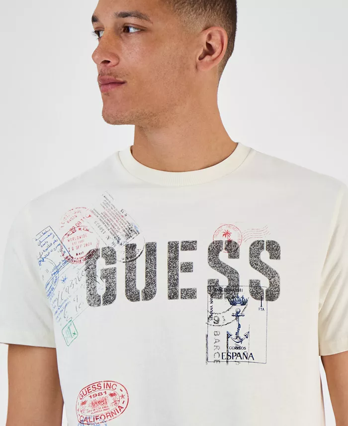 GUESS Men's World Stamps Logo Graphic Crewneck T-Shirt Men's Fashion & Accessories