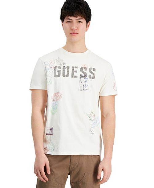 GUESS Men's World Stamps Logo Graphic Crewneck T-Shirt Men's Fashion & Accessories