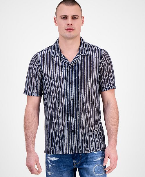 GUESS Men's Wyatt Short Sleeve Striped Button-Front Camp Men's Fashion & Accessories
