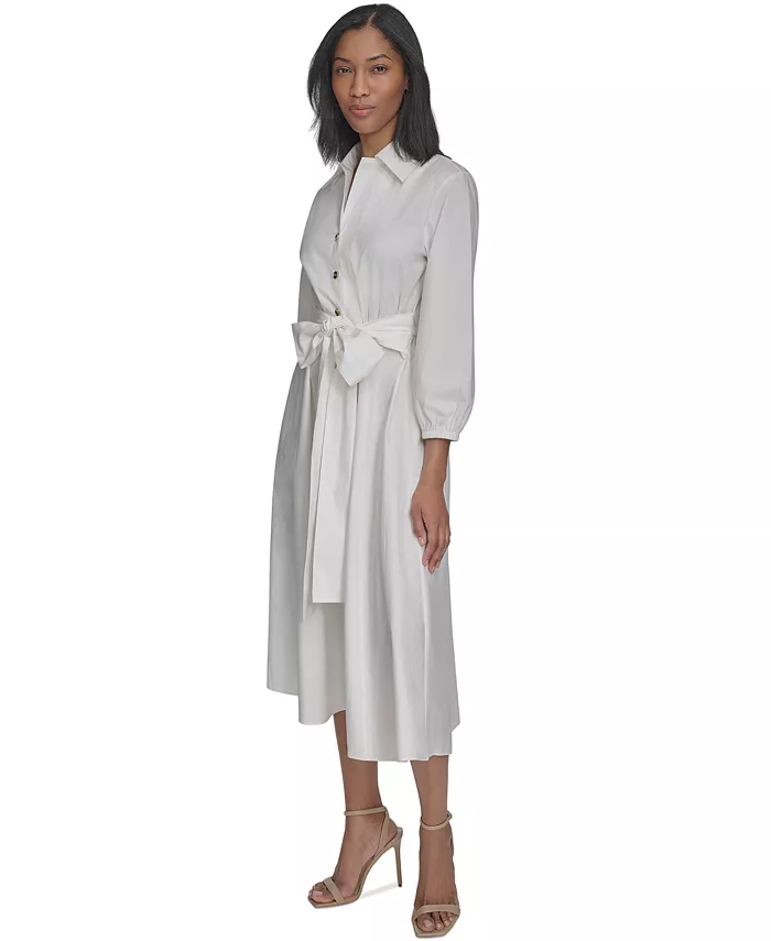 Halston Women's Cotton Tie-Waist Fit & Flare Dress Women's Fashion Shoes & Accessories