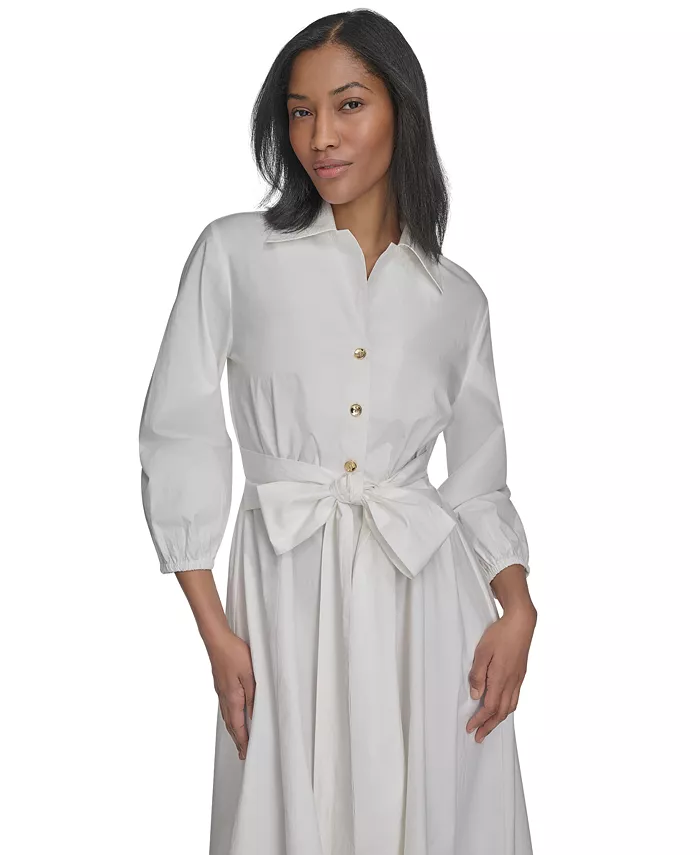 Halston Women's Cotton Tie-Waist Fit & Flare Dress Women's Fashion Shoes & Accessories