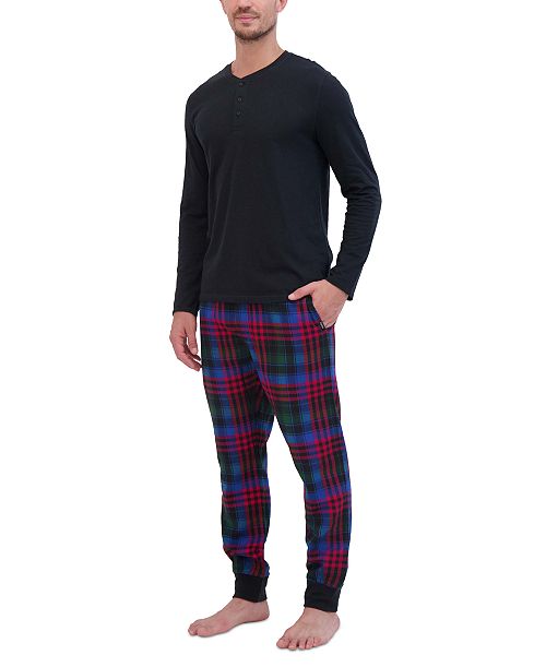 Hanes Men’s 2-Pc. Long-Sleeve Henley Crew Top & Ultra Soft Flannel Jogger Pant Sleep Set Men's Fashion & Accessories