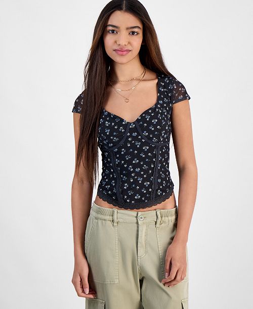 Hippie Rose Juniors' Corset Short-Sleeve Mesh Top Juniors'