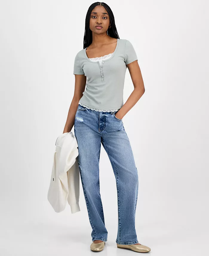 Hippie Rose Juniors' Lace-Trim Layered Henley T-Shirt Juniors'