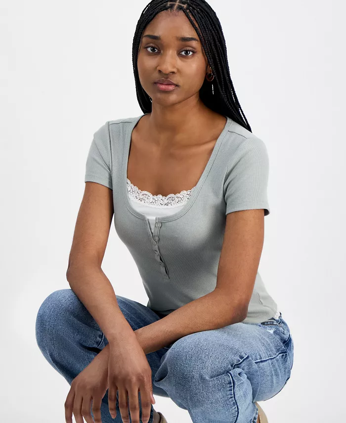 Hippie Rose Juniors' Lace-Trim Layered Henley T-Shirt Juniors'