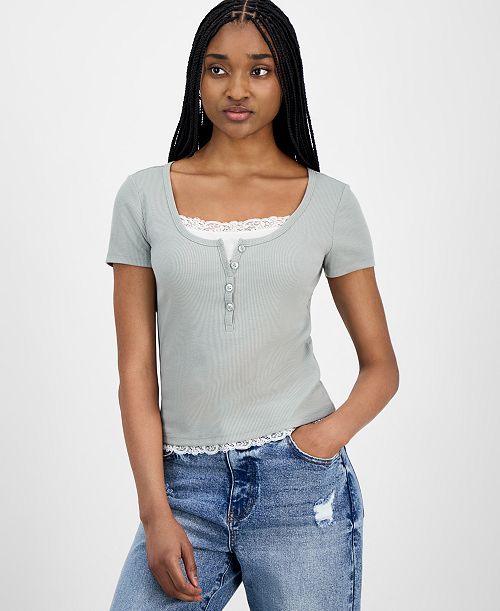 Hippie Rose Juniors' Lace-Trim Layered Henley T-Shirt Juniors'