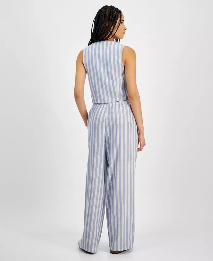 Hippie Rose Juniors' Linen-Like Blend Three-Button Vest & Drawstring-Waist Pants Juniors'