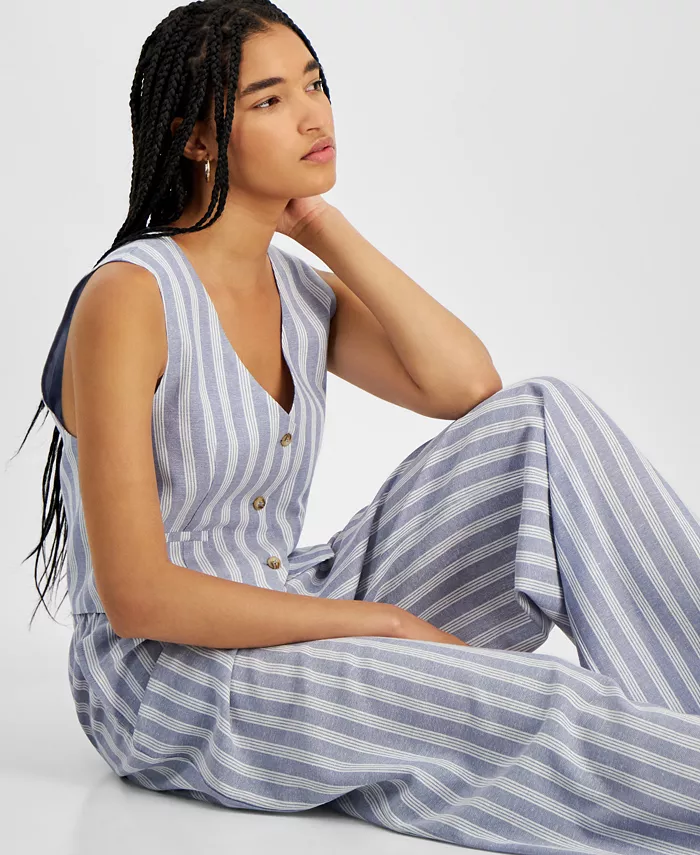 Hippie Rose Juniors' Linen-Like Blend Three-Button Vest & Drawstring-Waist Pants Juniors'