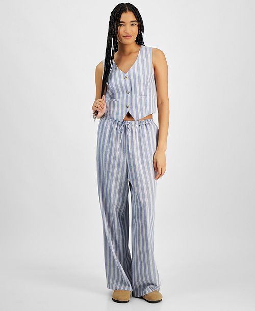 Hippie Rose Juniors' Linen-Like Blend Three-Button Vest & Drawstring-Waist Pants Juniors'