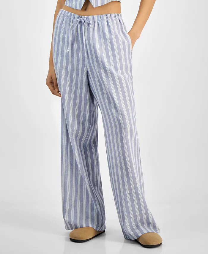 Hippie Rose Juniors' Striped Wide-Leg Drawstring Linen-Blend Pants Juniors'