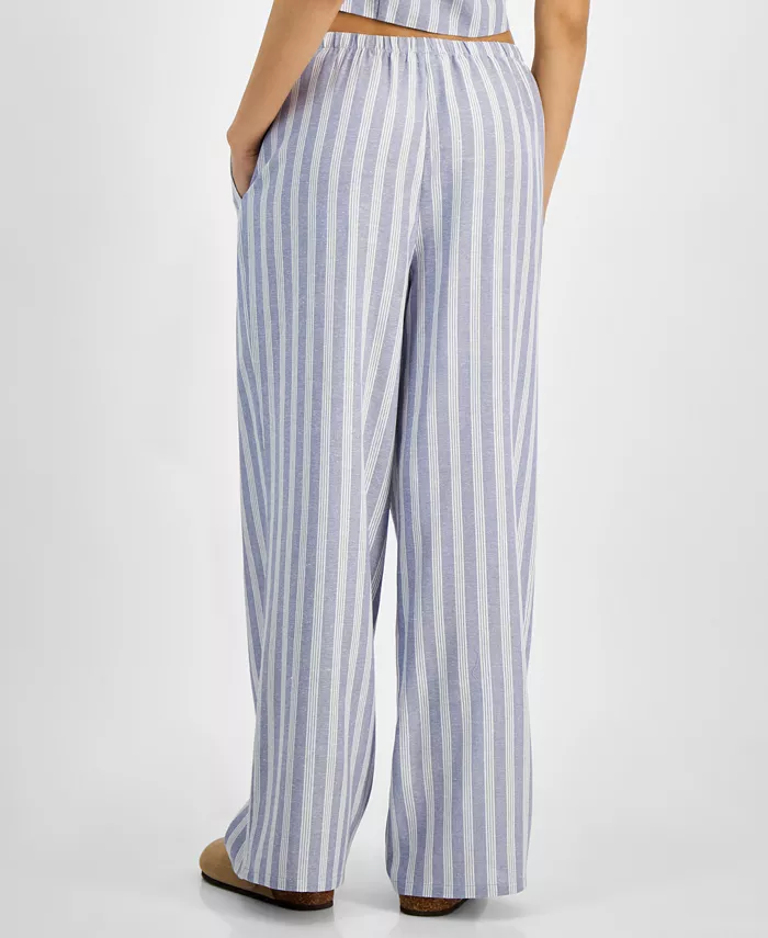 Hippie Rose Juniors' Striped Wide-Leg Drawstring Linen-Blend Pants Juniors'