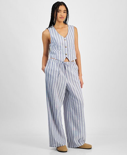 Hippie Rose Juniors' Striped Wide-Leg Drawstring Linen-Blend Pants Juniors'