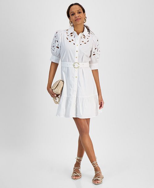 I.N.C. International Concepts Petite Belted Eyelet Mini Dress Exclusively at Macy's Women's Fashion Shoes & Accessories