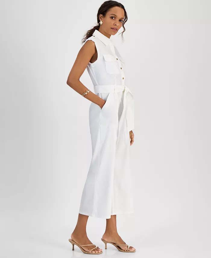 I.N.C. International Concepts Petite Linen-Blend Sleeveless Button-Front Jumpsuit Created For Macy's Women's Fashion Shoes & Accessories