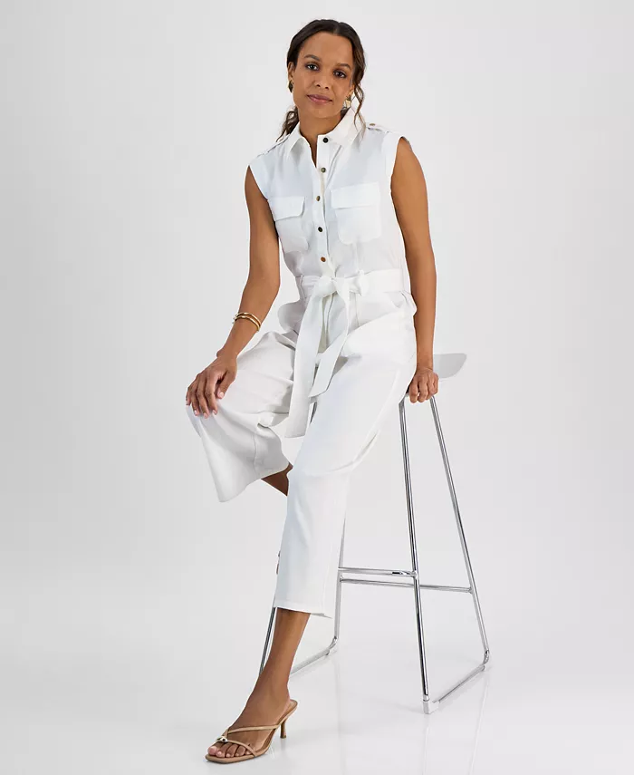 I.N.C. International Concepts Petite Linen-Blend Sleeveless Button-Front Jumpsuit Created For Macy's Women's Fashion Shoes & Accessories