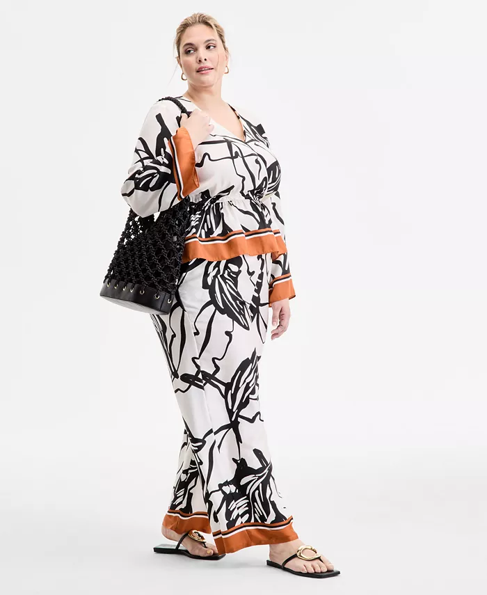 I.N.C. International Concepts Plus Size Printed Volume-Sleeve Peplum Top & Printed High-Rise Wide-Leg Pants Plus Sizes