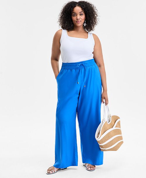 I.N.C. International Concepts Plus Size Solid Drawstring Wide-Leg Pants Exclusively at Macy's Women's Fashion Shoes & Accessories