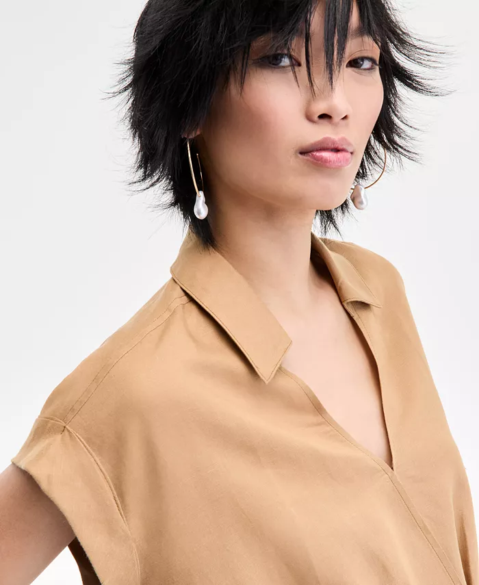 I.N.C. International Concepts Women's Collared Cap-Sleeve Surplice Top Exclusively At Macy's Women's Fashion Shoes & Accessories