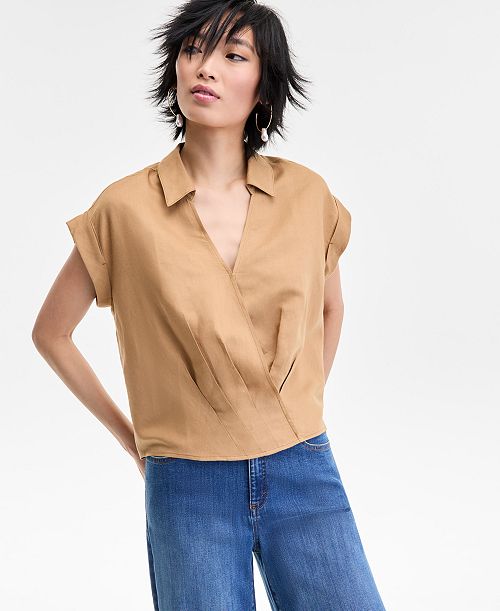 I.N.C. International Concepts Women's Collared Cap-Sleeve Surplice Top Exclusively at Macy's Women's Fashion Shoes & Accessories