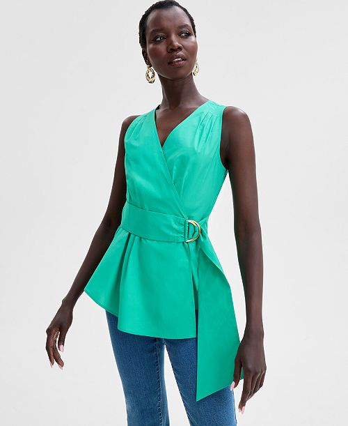 I.N.C. International Concepts Women's Cotton Belted Blouse Exclusively at Macy's Women's Fashion Shoes & Accessories