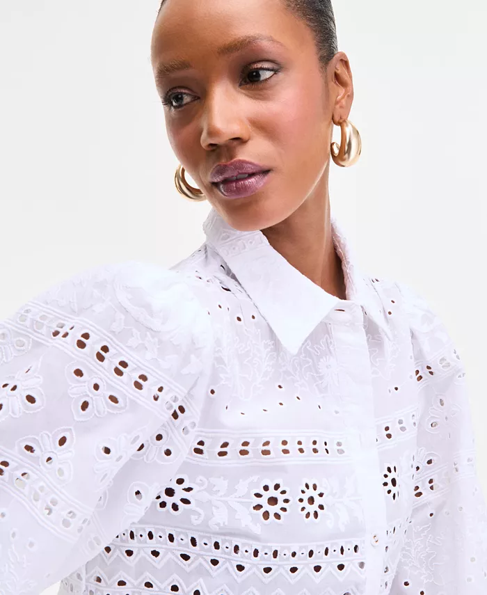 I.N.C. International Concepts Women's Cotton Eyelet Blouson-Sleeve Blouse Exclusively At Macy's Women's Fashion Shoes & Accessories