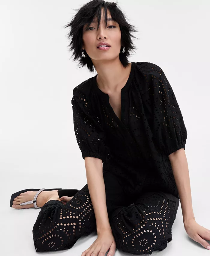I.N.C. International Concepts Women's Cotton Eyelet Puff-Sleeve Blouse Exclusively At Macy's Women's Fashion Shoes & Accessories