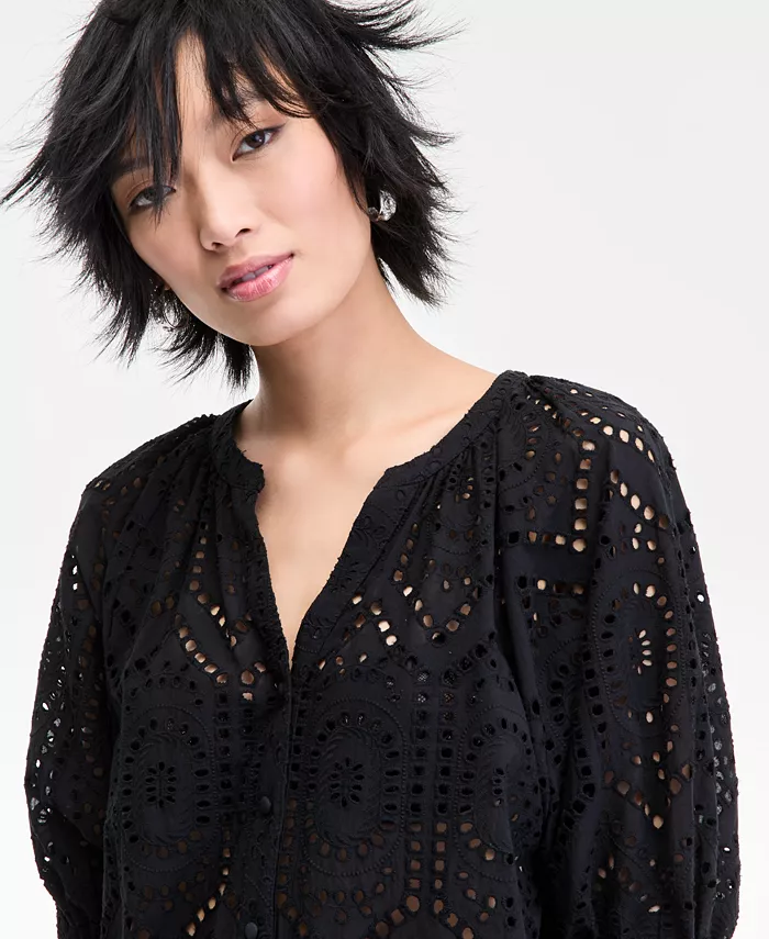 I.N.C. International Concepts Women's Cotton Eyelet Puff-Sleeve Blouse Exclusively At Macy's Women's Fashion Shoes & Accessories