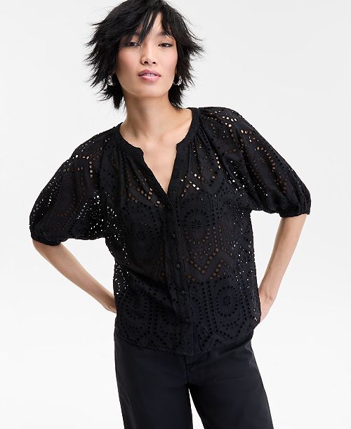 I.N.C. International Concepts Women's Cotton Eyelet Puff-Sleeve Blouse Exclusively at Macy's Women's Fashion Shoes & Accessories