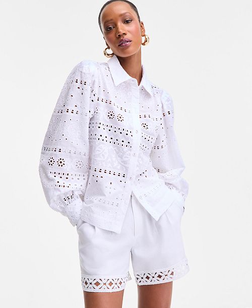 I.N.C. International Concepts Women's Cotton Eyelet Blouson-Sleeve Blouse Exclusively at Macy's Women's Fashion Shoes & Accessories