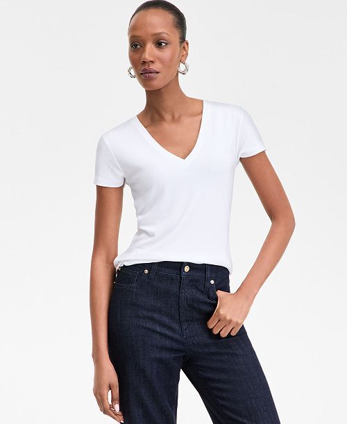 I.N.C. International Concepts Women's Drapy Ribbed V-Neck Top Exclusively at Macy's Women's Fashion Shoes & Accessories