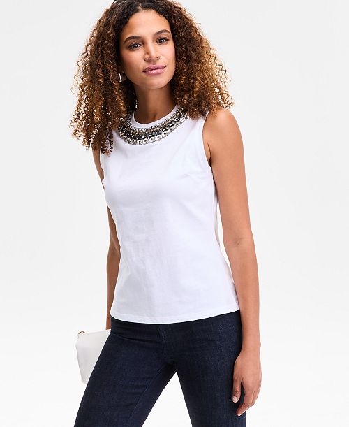 I.N.C. International Concepts Women's Embellished-Neckline Cotton Tank Top Exclusively at Macy's Women's Fashion Shoes & Accessories