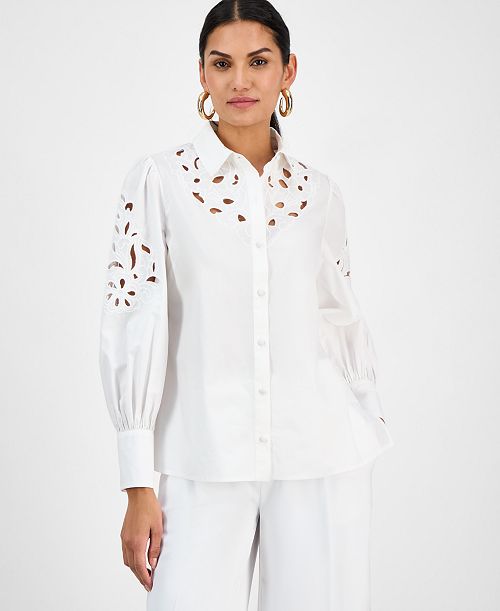 I.N.C. International Concepts Women's Eyelet Cotton Blouse Exclusively at Macy's Women's Fashion Shoes & Accessories