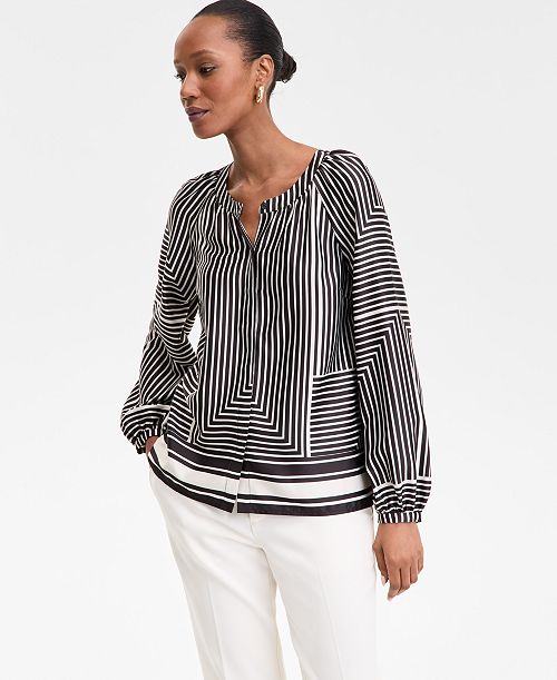 I.N.C. International Concepts Women's Geo-Print Split-Neck Blouse Exclusively at Macy's Women's Fashion Shoes & Accessories