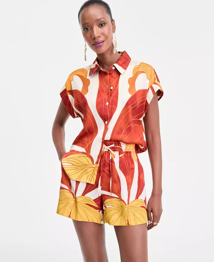 I.N.C. International Concepts Women's Printed Button-Down Camp Shirt & Matching Drawstring Shorts Exclusively At Macy's Women's Fashion Shoes & Accessories
