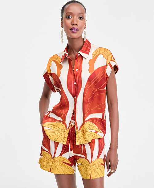 I.N.C. International Concepts Women's Printed Button-Down Camp Shirt Exclusively at Macy's Women's Fashion Shoes & Accessories