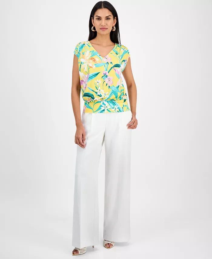 I.N.C. International Concepts Women's Printed Ruched Cap-Sleeve Top Exclusively At Macy's Women's Fashion Shoes & Accessories