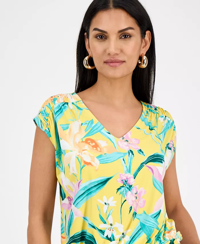 I.N.C. International Concepts Women's Printed Ruched Cap-Sleeve Top Exclusively At Macy's Women's Fashion Shoes & Accessories