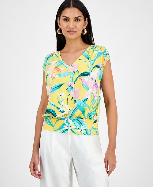 I.N.C. International Concepts Women's Printed Ruched Cap-Sleeve Top Exclusively at Macy's Women's Fashion Shoes & Accessories