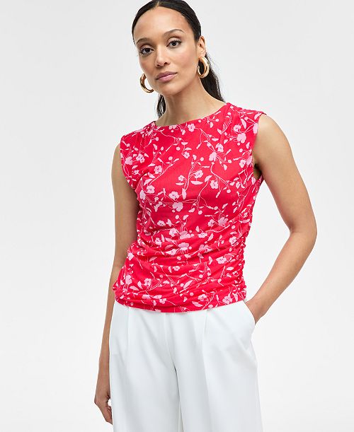 I.N.C. International Concepts Women's Printed Ruched Mesh Top Exclusively at Macy's Women's Fashion Shoes & Accessories