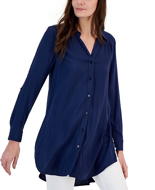 I.N.C. International Concepts Women's Roll-Tab Button-Down Long Blouse Created for Macy's Women's Fashion Shoes & Accessories