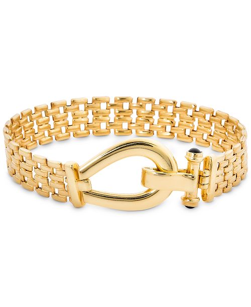 Italian Gold Black Spinel Horseshoe Clasp Panther Link Bracelet in 14k Gold-Plated Sterling Silver Jewelry & Watches