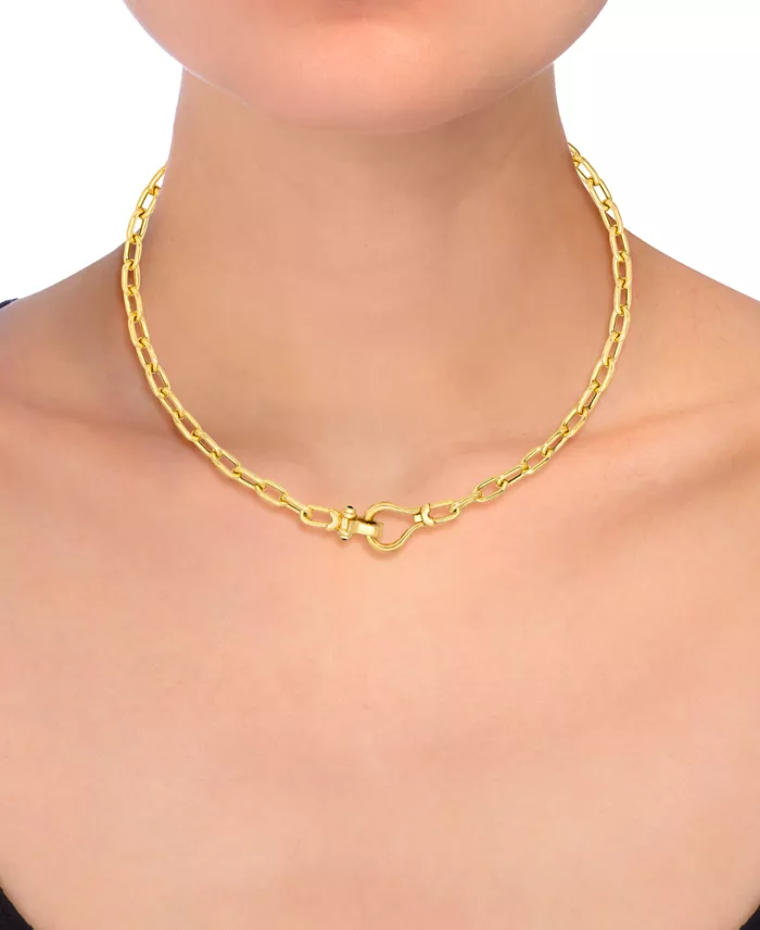 Italian Gold Black Spinel Horseshoe Clasp Paperclip Link 18" Chain Necklace In 14k Gold-Plated Sterling Silver Jewelry & Watches