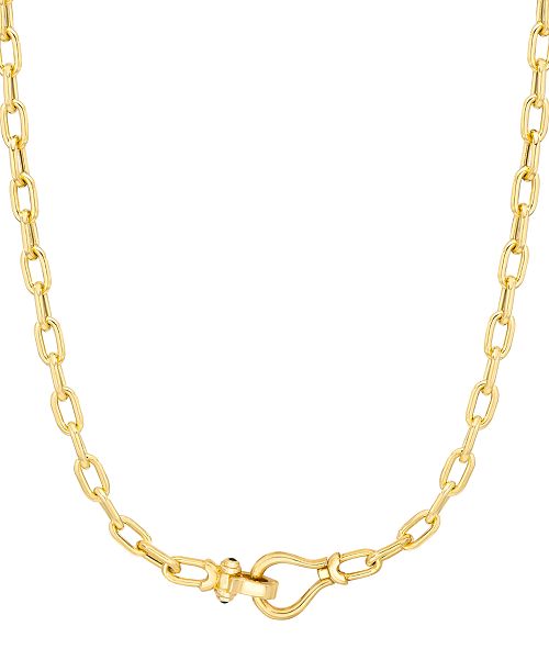 Italian Gold Black Spinel Horseshoe Clasp Paperclip Link 18" Chain Necklace in 14k Gold-Plated Sterling Silver Jewelry & Watches
