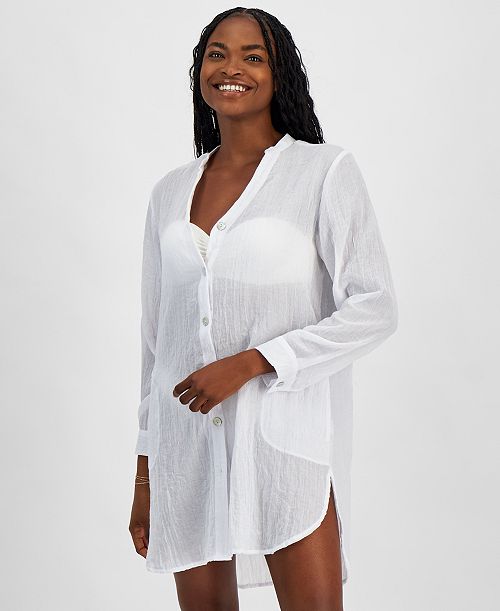 J Valdi Women's Big Shirt Button-Front Long-Sleeve Swim Cover-Up Women's Fashion Shoes & Accessories