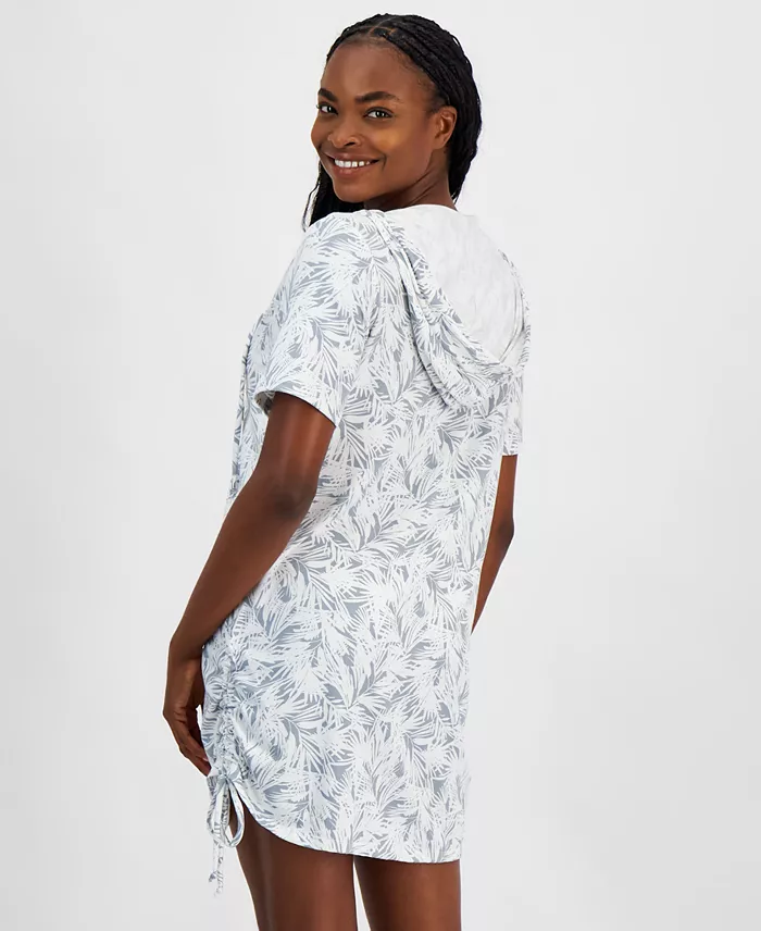 J Valdi Women's Hooded Zip-Front Side-Shirred Swim Cover-Up Women's Fashion Shoes & Accessories