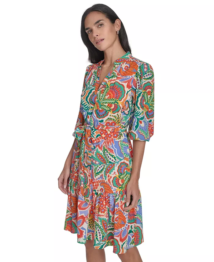 Jessica Howard Women's Printed Tie-Waist Balloon-Sleeve Dress Women's Fashion Shoes & Accessories