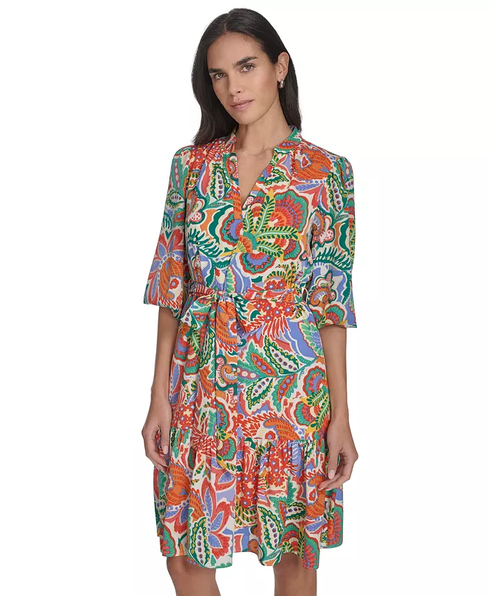 Jessica Howard Women's Printed Tie-Waist Balloon-Sleeve Dress Women's Fashion Shoes & Accessories