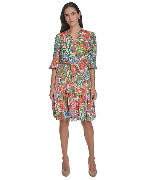 Jessica Howard Women's Printed Tie-Waist Balloon-Sleeve Dress Women's Fashion Shoes & Accessories