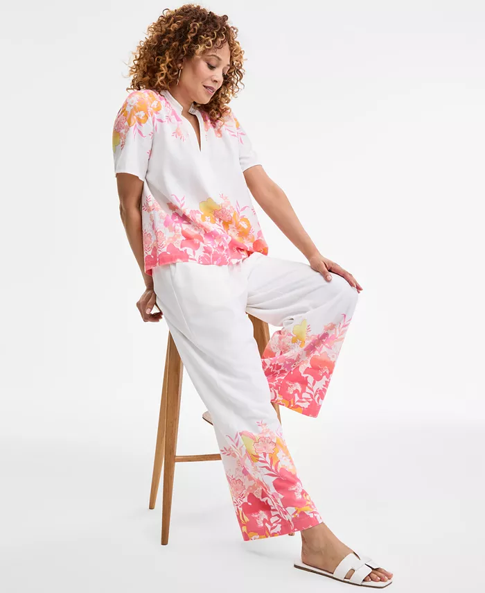 JM Collection Women's Floral Linen Short-Sleeve Top & Floral Linen Wide-Leg Pants Exclusively At Macy's Women's Fashion Shoes & Accessories