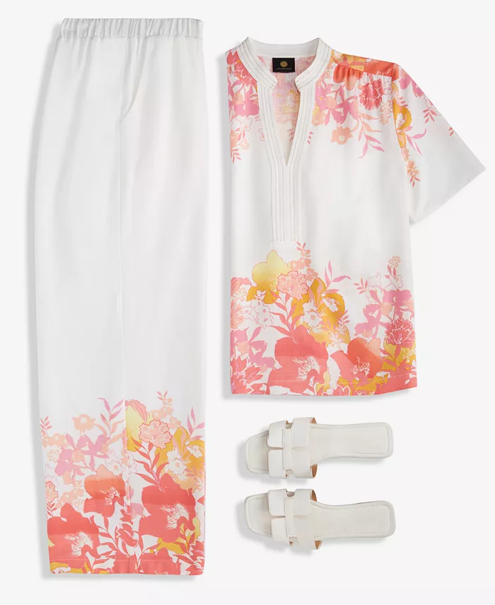 JM Collection Women's Floral Linen Short-Sleeve Top & Floral Linen Wide-Leg Pants Exclusively At Macy's Women's Fashion Shoes & Accessories